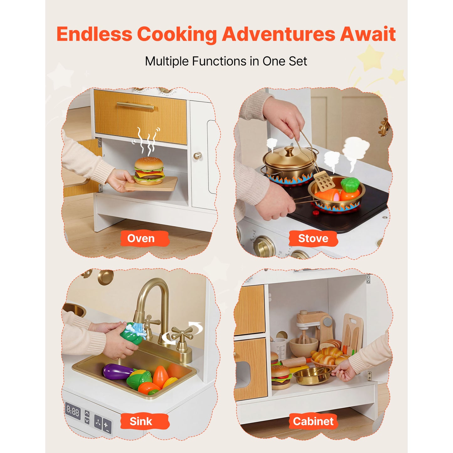 Wooden Play Kitchen Set for Kids with Lights & Sounds, Pretend Toy Playset for Toddlers 3-8