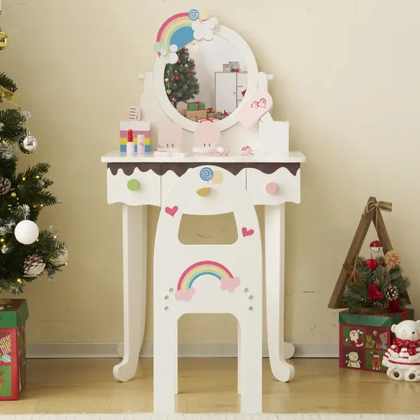 Kids Vanity Table and Chair Set with 7 Pretend Makeup Toys