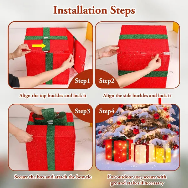 Large Christmas Gift Boxes with LED String Lights - 3 Pieces
