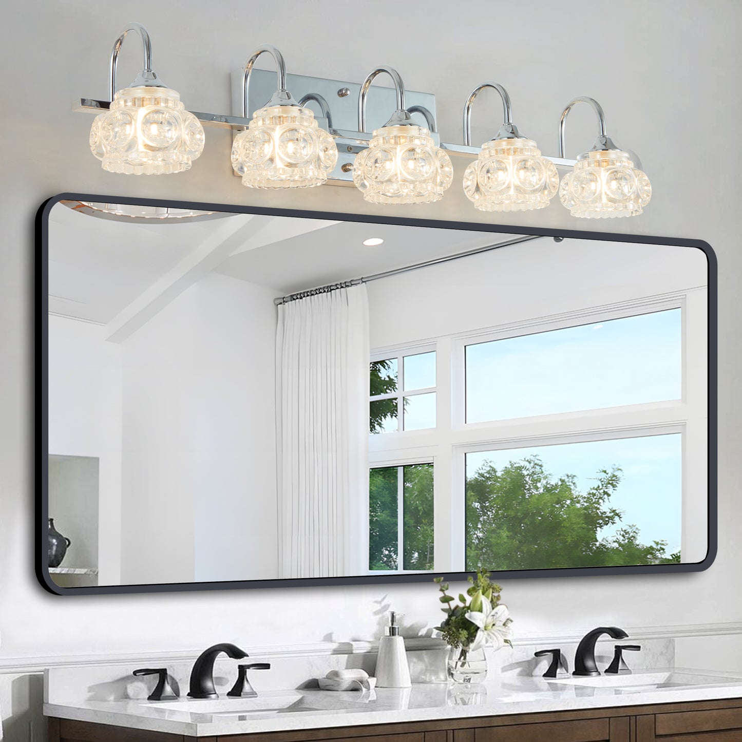 Nickel Finish Vintage Crystal Vanity Light - 5-Light Bathroom Fixture with Glass Shades