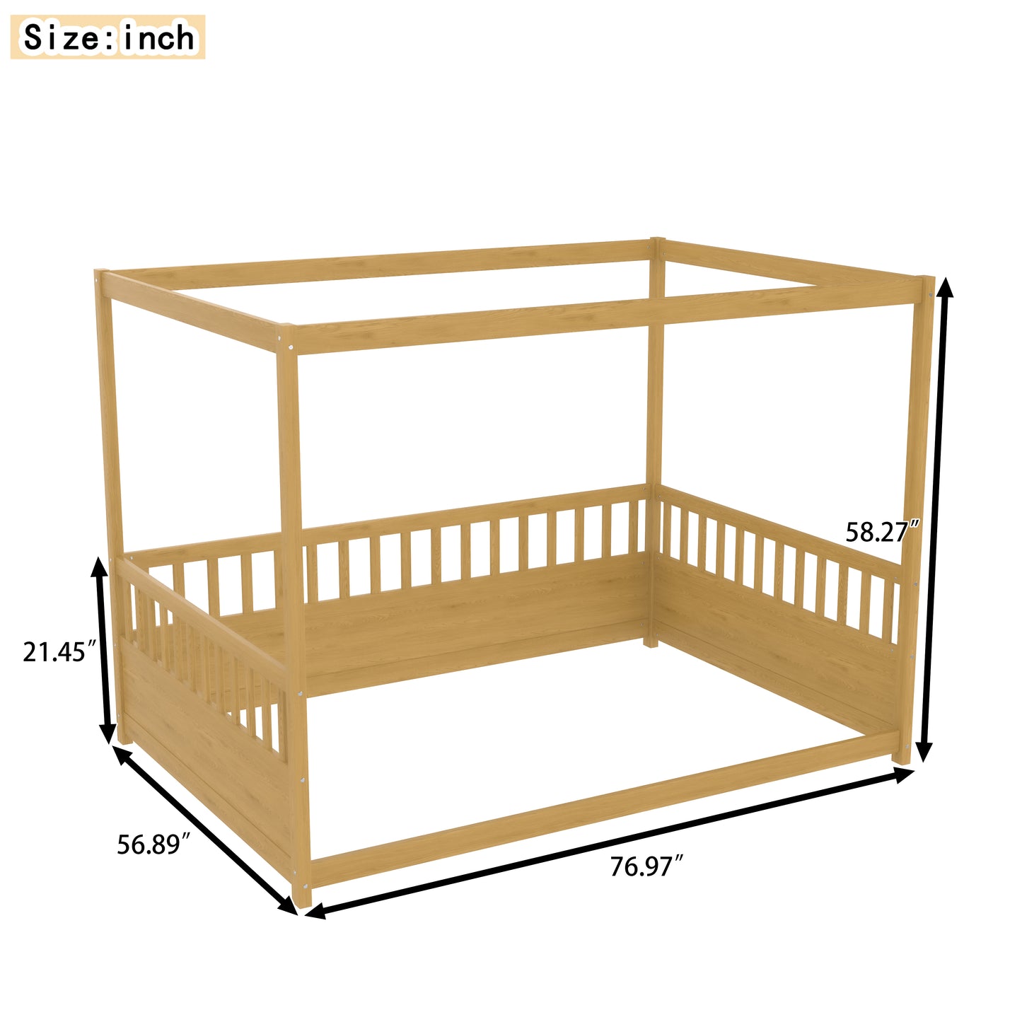 Full Size Canopy Bed Frame with Guardrails - Natural Wood