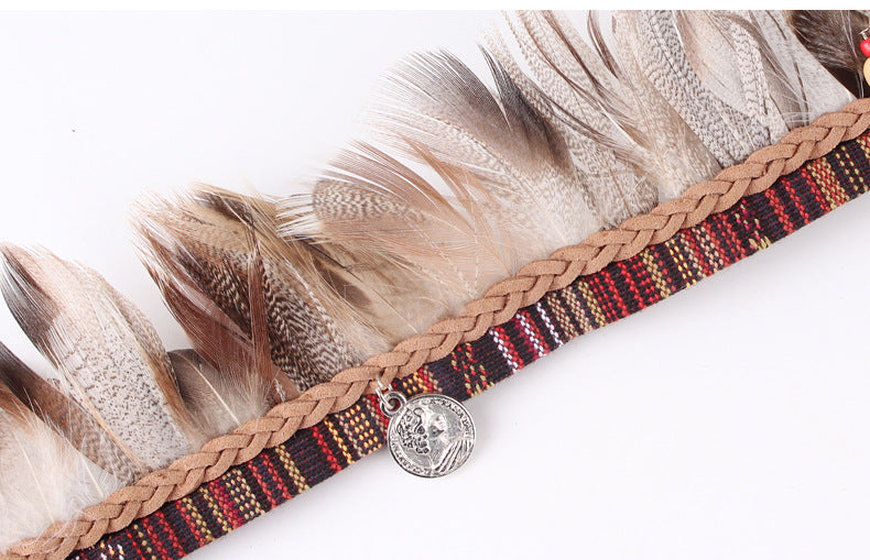 Bohemian Fabric Feather Headband with Ribbon Rope - Handmade Accessories
