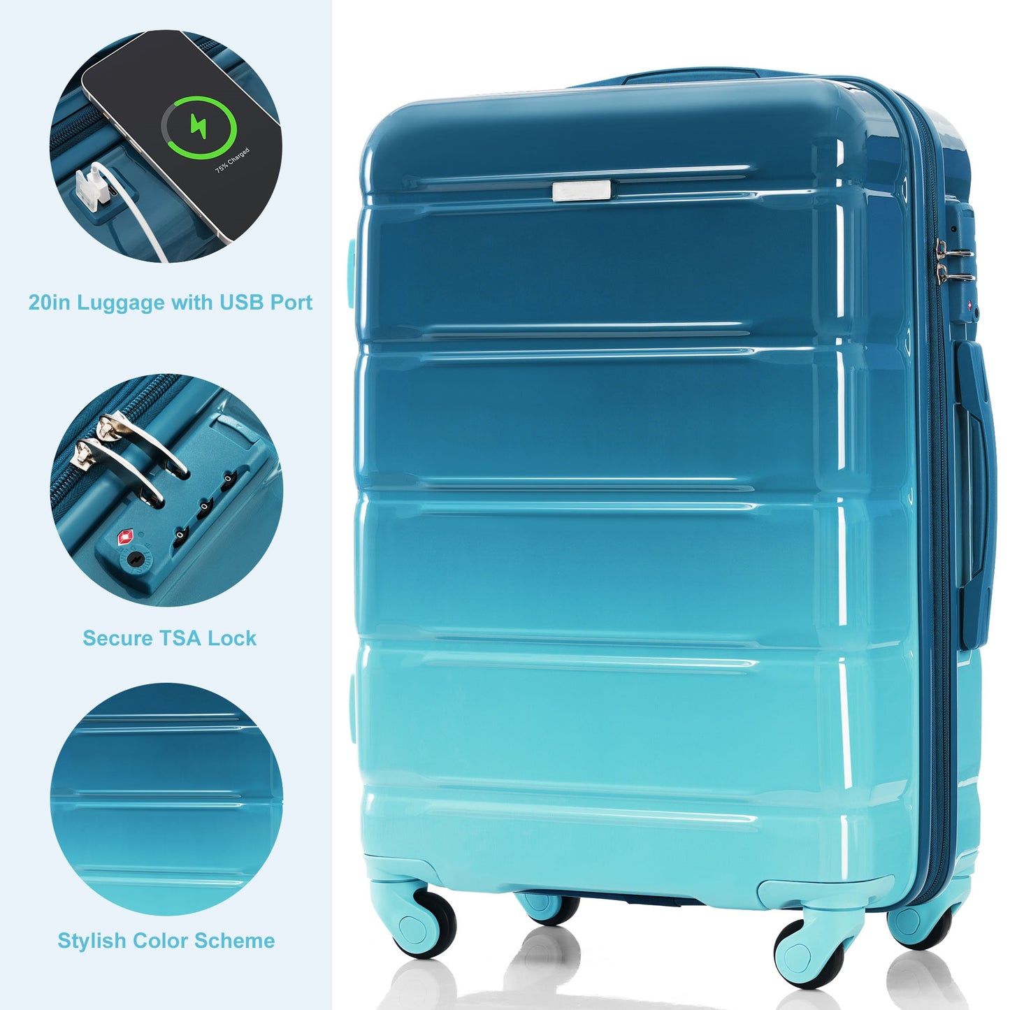 20-Inch Carry-On Luggage Set with USB Port - Blue