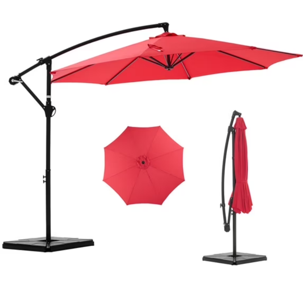 10ft Offset Outdoor Patio Umbrella with Base Stand, Tilt & Rotate, UV Protection, Red