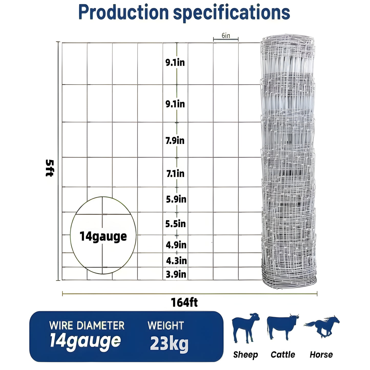 Heavy-Duty Galvanized Wire Fence - 5ft x 164ft for Cattle & Livestock