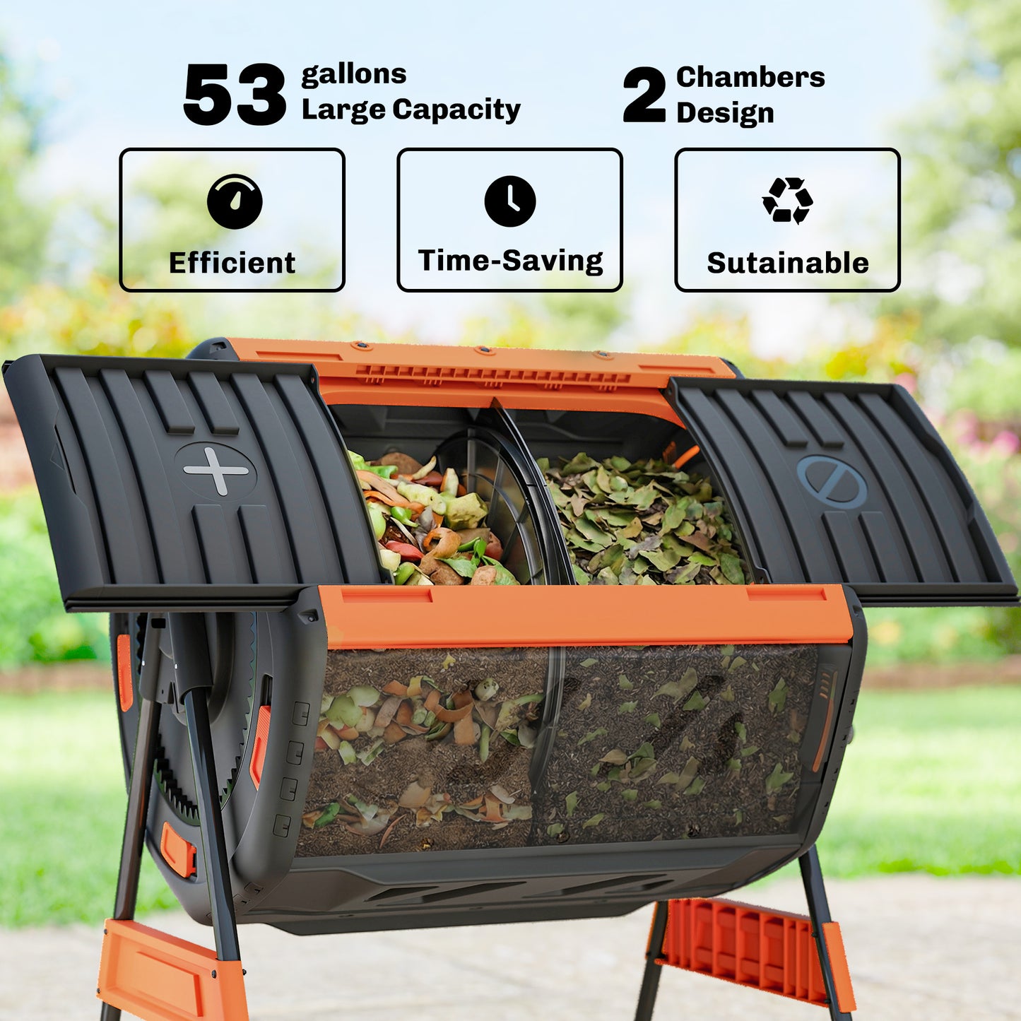 Outdoor Compost Bin 53 Gal Dual Chamber Tumbling Composting System with Adjustable Vents