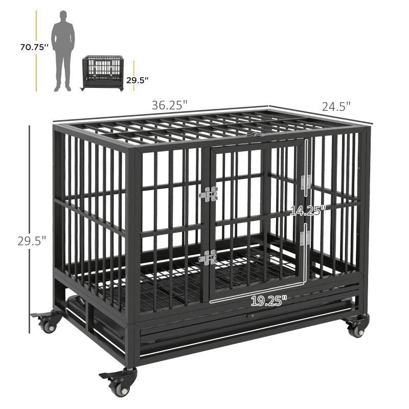 Heavy Duty Metal Dog Crate with Lockable Wheels, Double Doors & Removable Tray - Gray