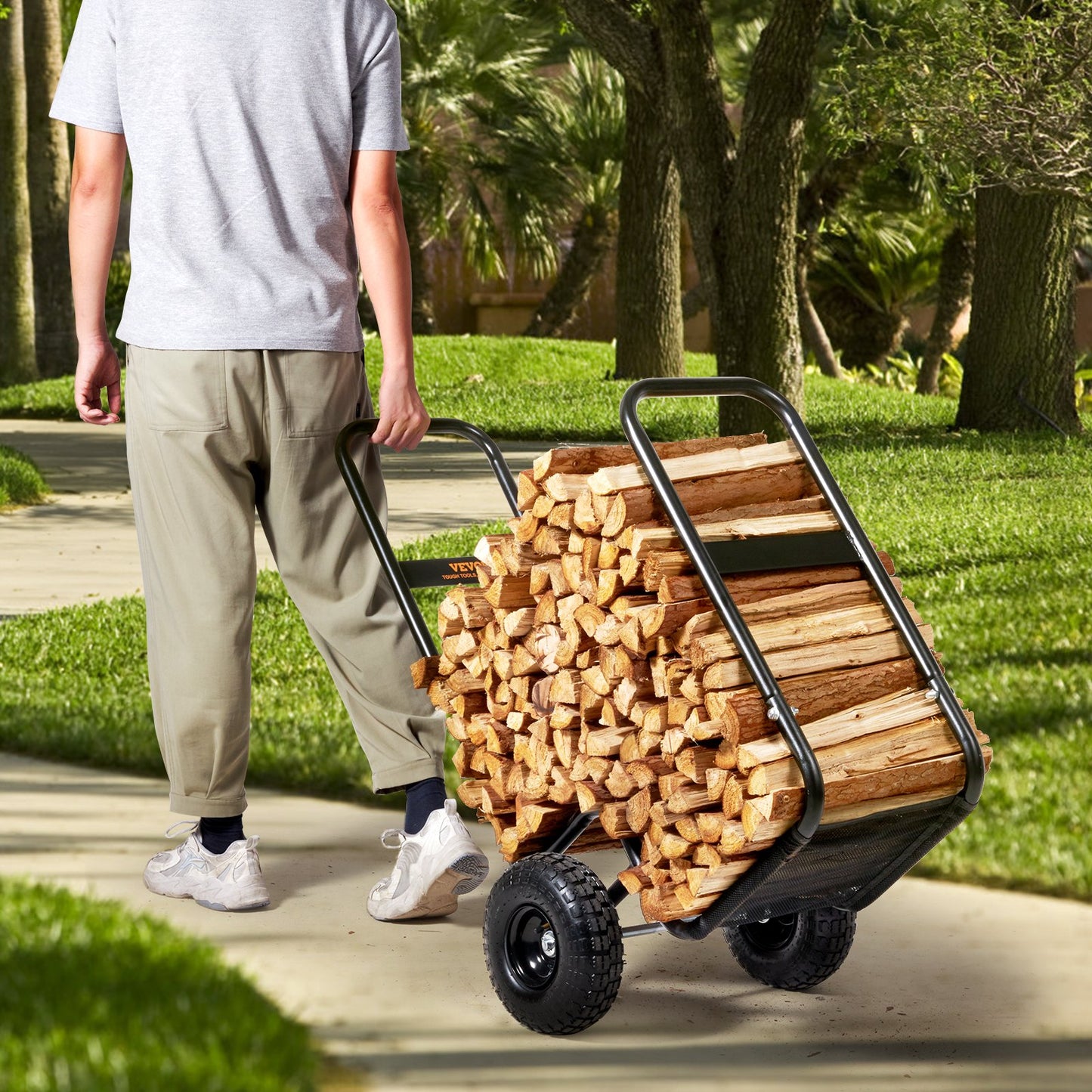 Heavy Duty Firewood Log Cart with 250 Lbs Capacity - Outdoor Indoor Wood Storage & Transport