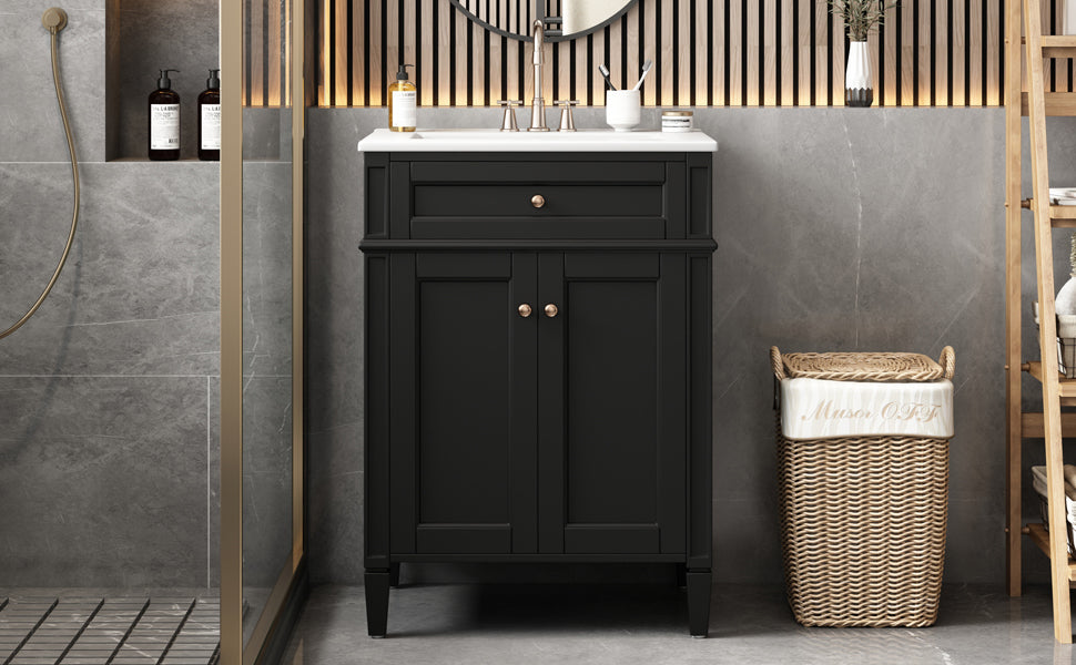 24" Black Bathroom Vanity with Soft-Close Doors & Storage