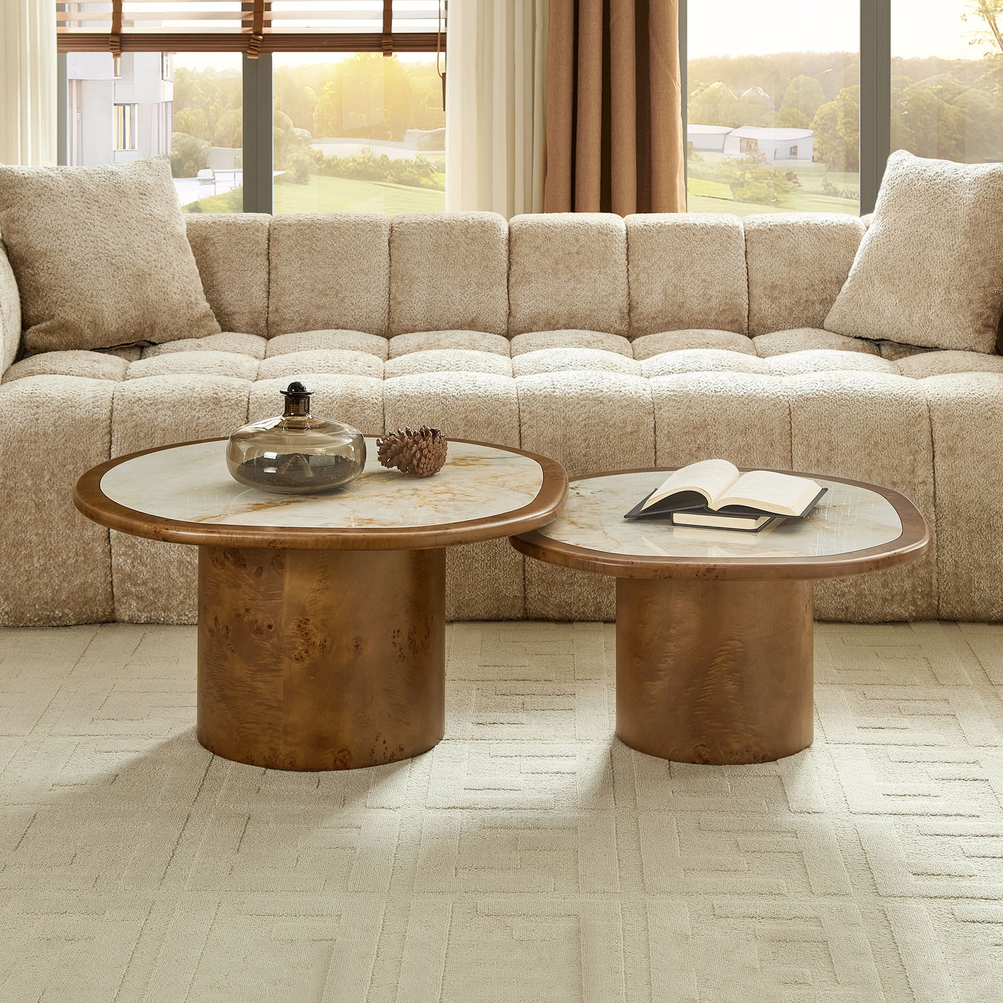 Irregular Coffee Table Set - 2 Piece Walnut MDF & Sintered Stone
