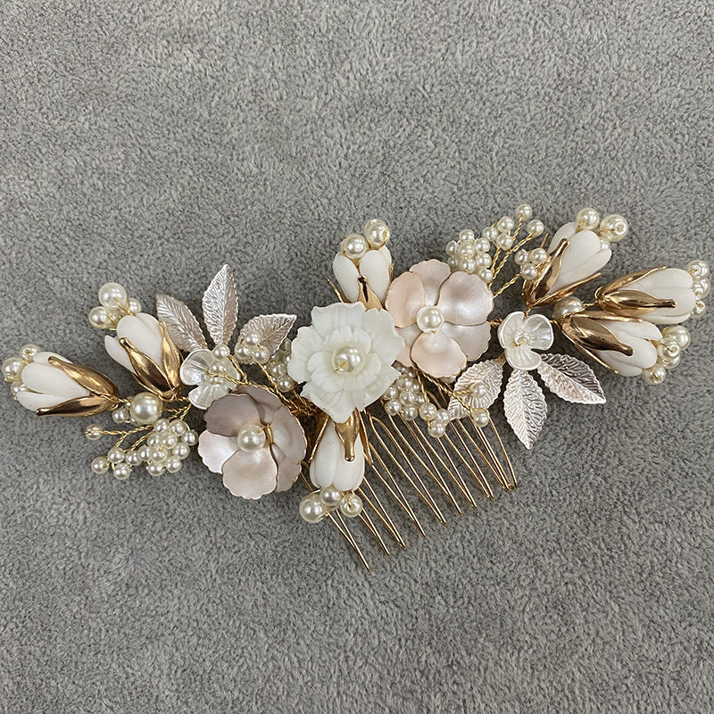 Ceramic Flower Wedding Hair Comb - Handmade Bridal Headwear