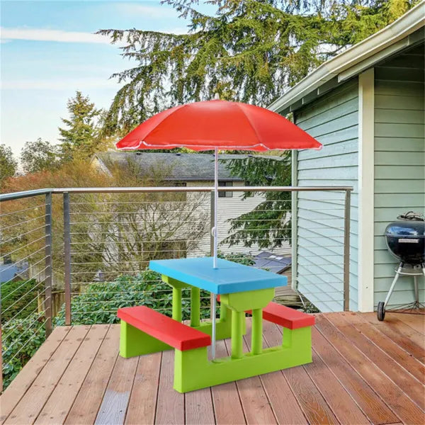 Kids Picnic Table Set with Removable UV Protection Umbrella - Green