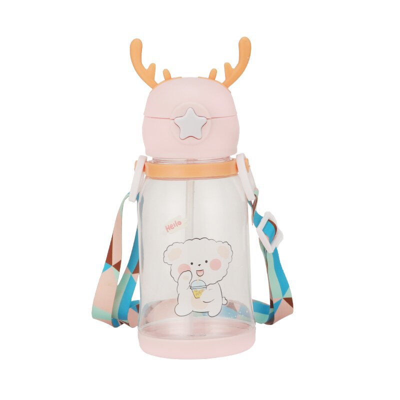 Large Capacity Cartoon Antlers Plastic Drinking Cup with Straw - 600ML, Multiple Colors