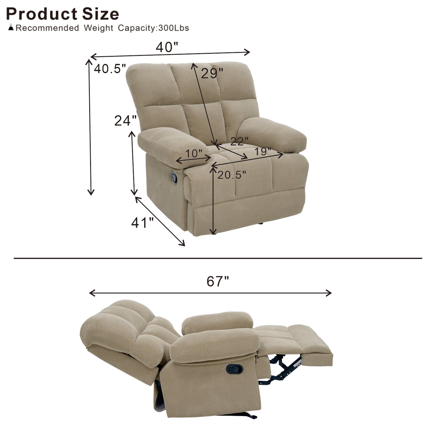 Modern Manual Rocker Recliner Chair - Camel Fabric Upholstery