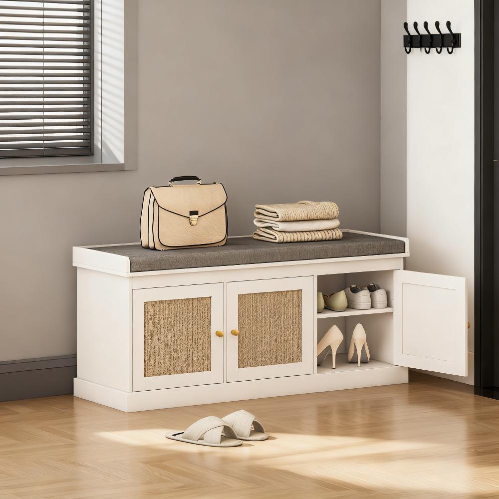 Shoe Storage Bench with Woven Rattan Doors & Cushion - Gray White