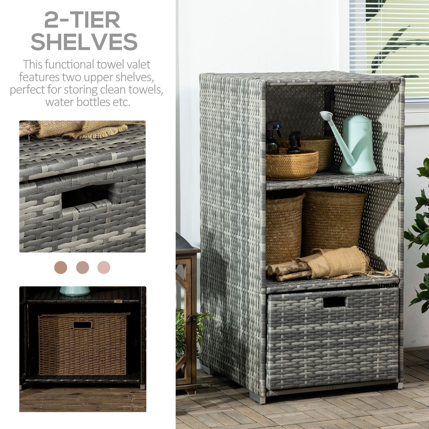 Waterproof Pool Towel Rack with Shelves & Basket - Gray