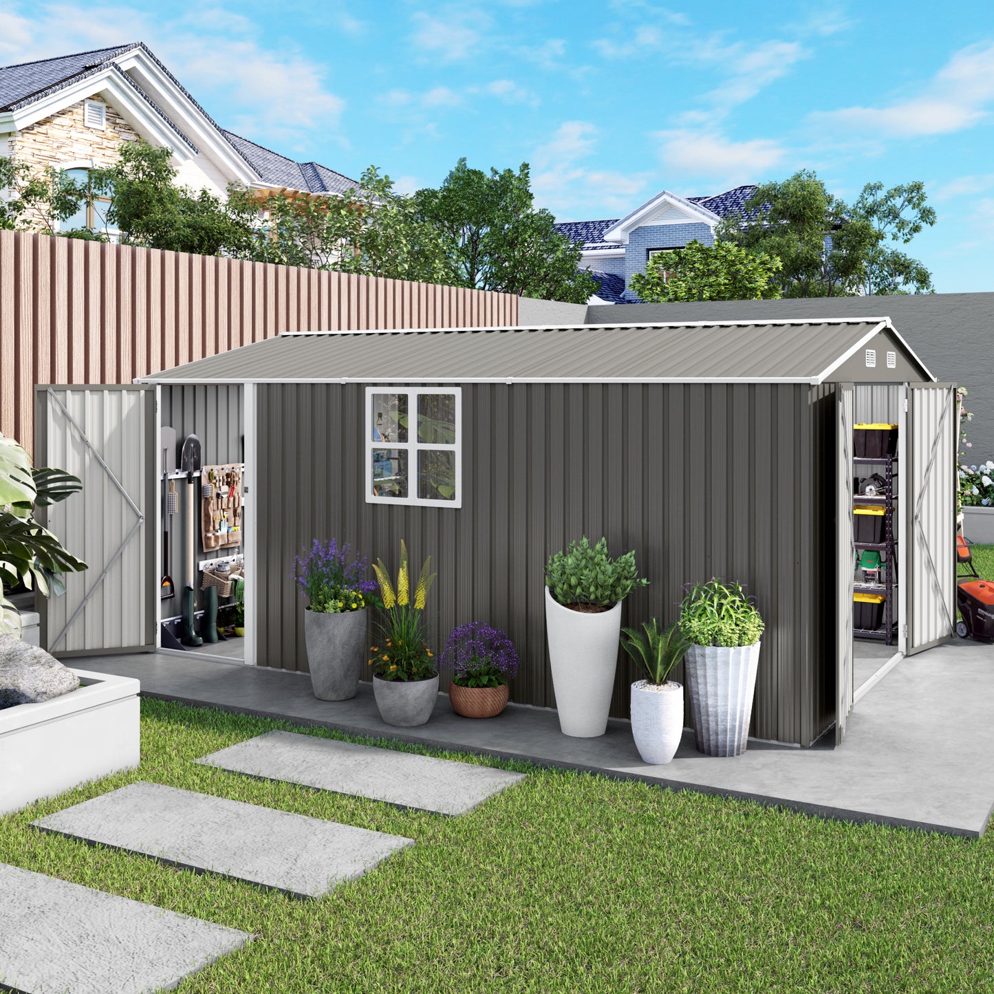 10x14 FT Outdoor Metal Storage Shed, Durable Garden Shed With Three