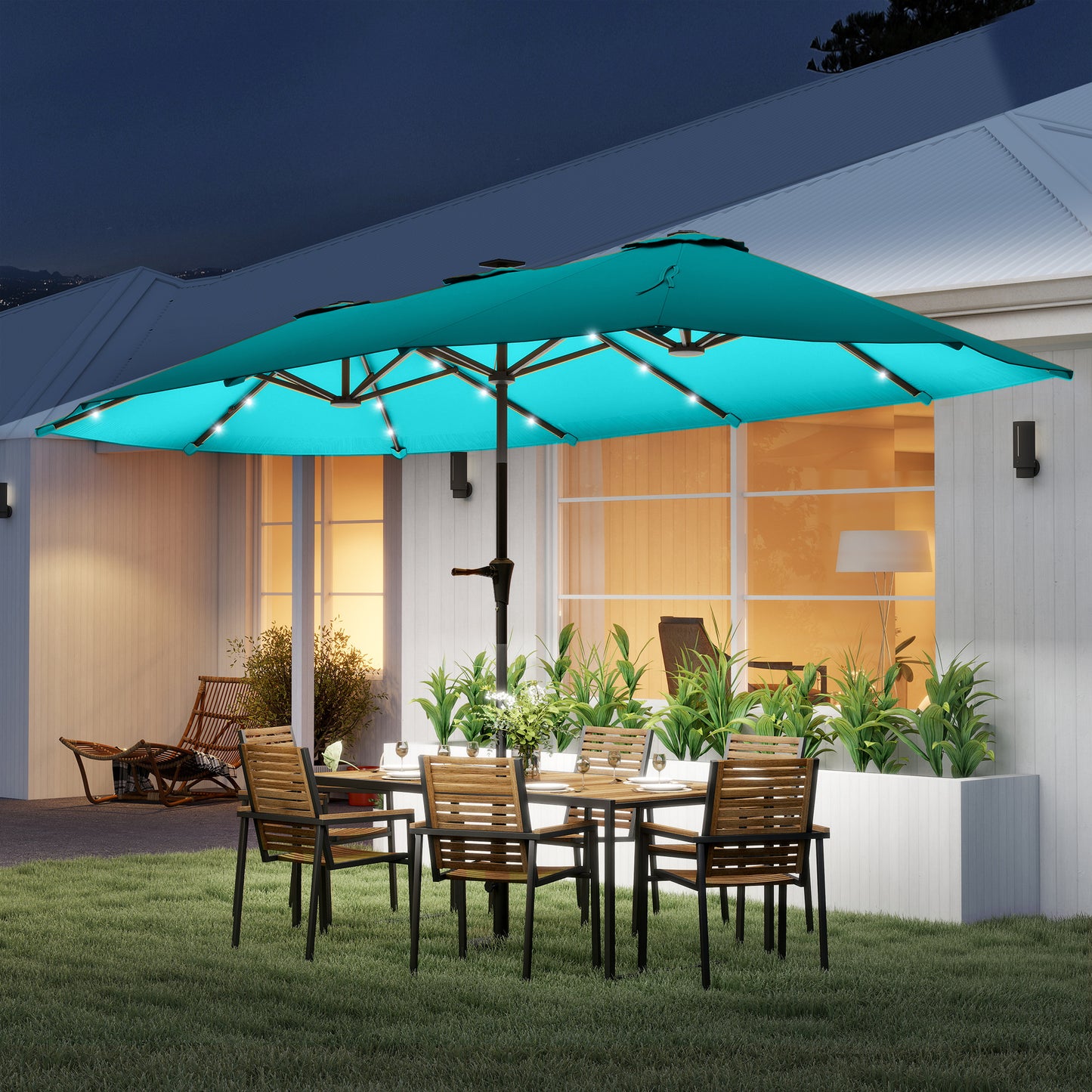 13ft Double-Sided Patio Umbrella with Solar Lights - Blue