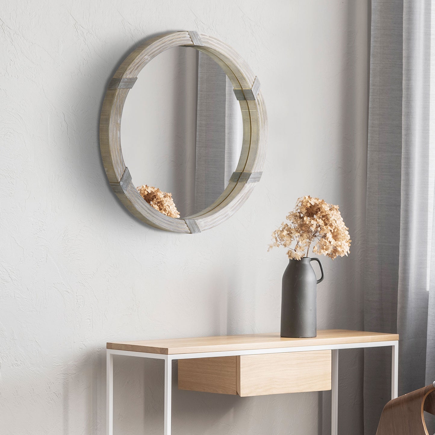 30.75" Round Wood Wall Mirror - Farmhouse Decorative Mirror
