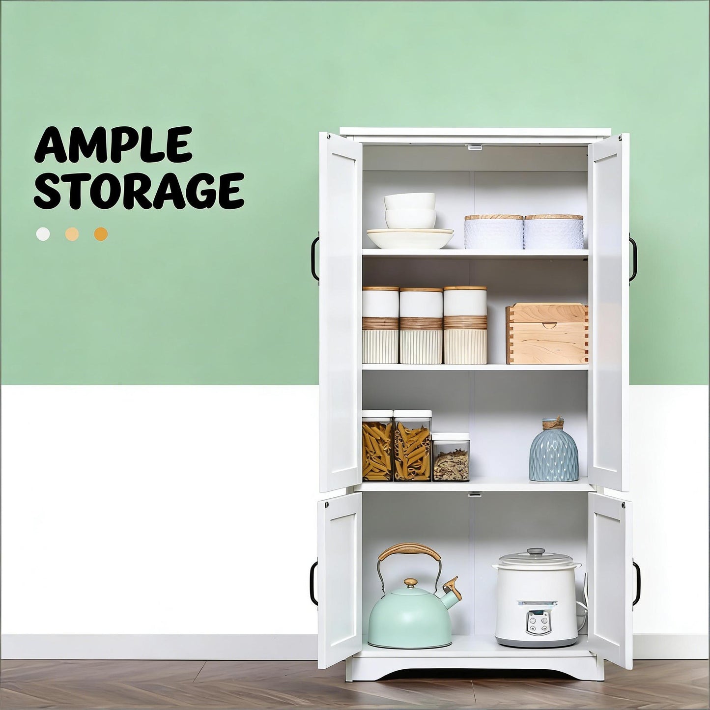 Freestanding White Kitchen Pantry Cabinet with Adjustable Shelves