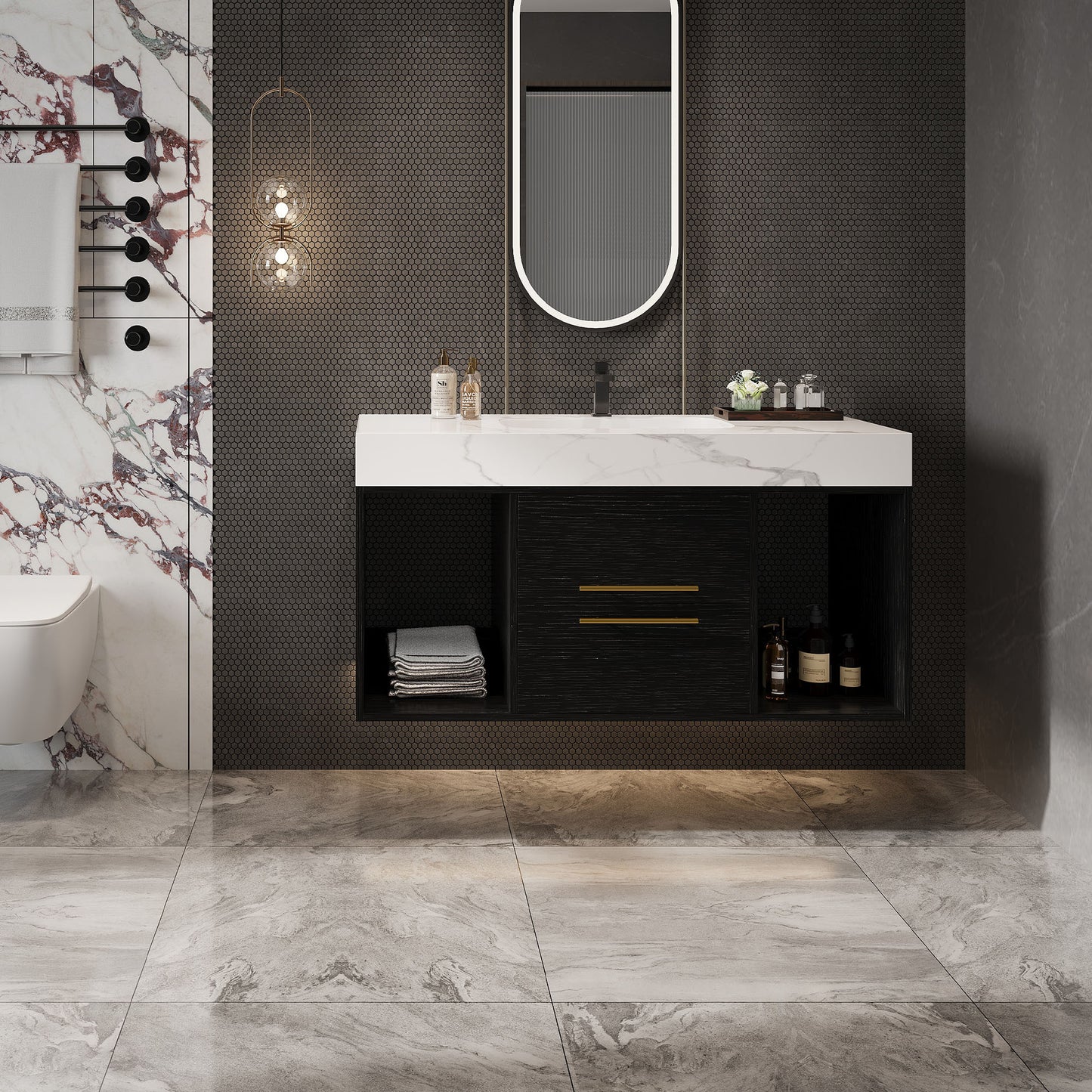 39.4" Modern Floating Bathroom Vanity with Ceramic Sink - White & Black