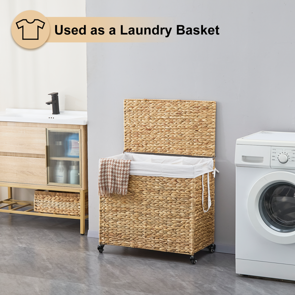 160L 3-Section Laundry Hamper With Lid And Wheels, Woven Natural