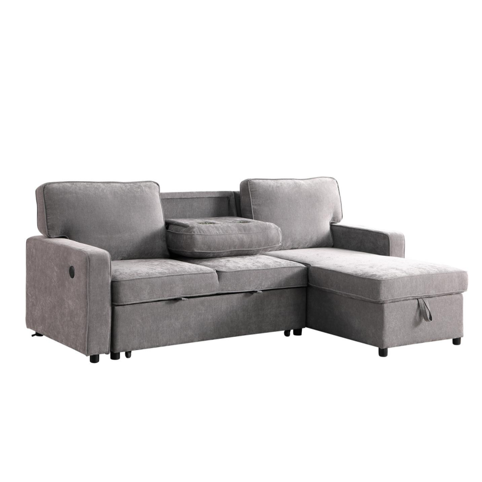 Sectional Sofa Bed with Storage, USB Port & Cup Holders - Gray