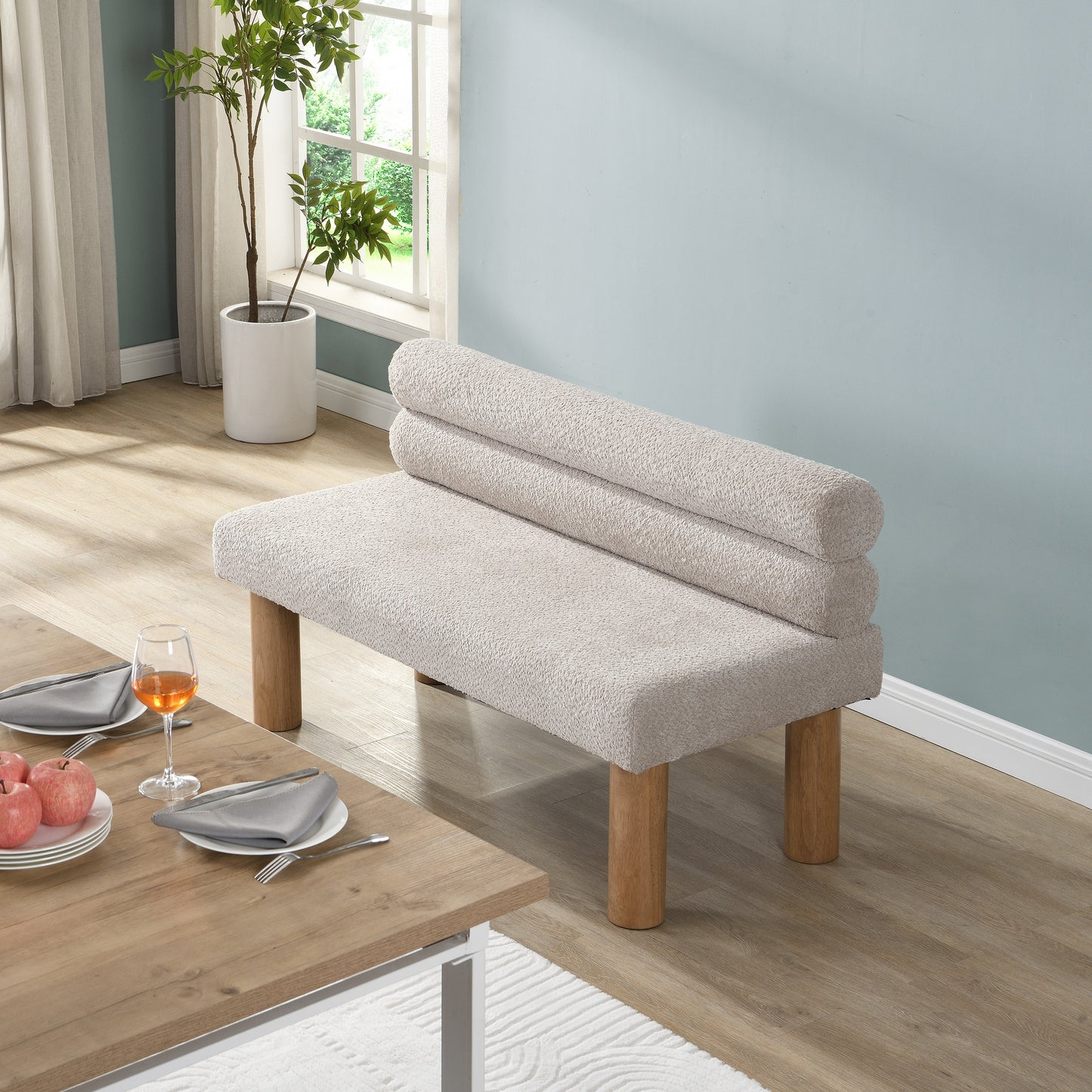 Upholstered Dining Bench with Rubber Wood Legs - Light Grey