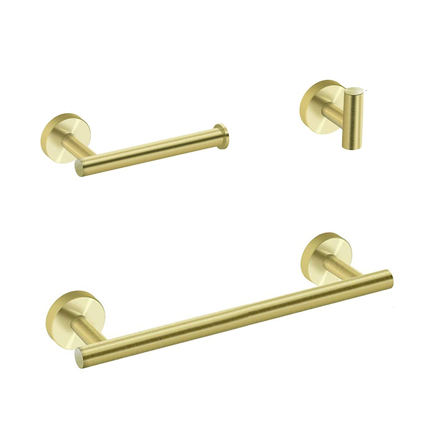 3-Piece Bathroom Hardware Set - Towel Bar, Toilet Paper Holder & Hooks - Brushed Gold