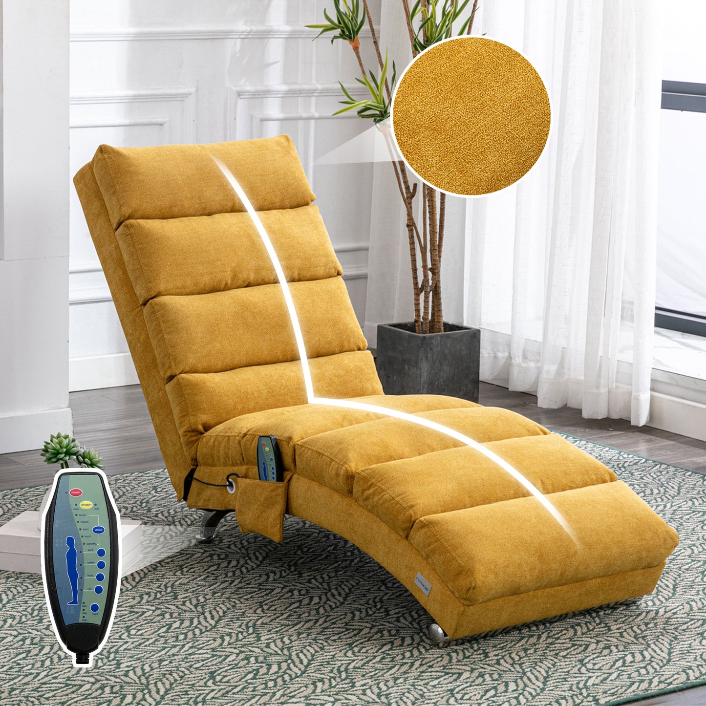 Luxury Upholstered Chaise Lounge Chair with Vibration - Mustard