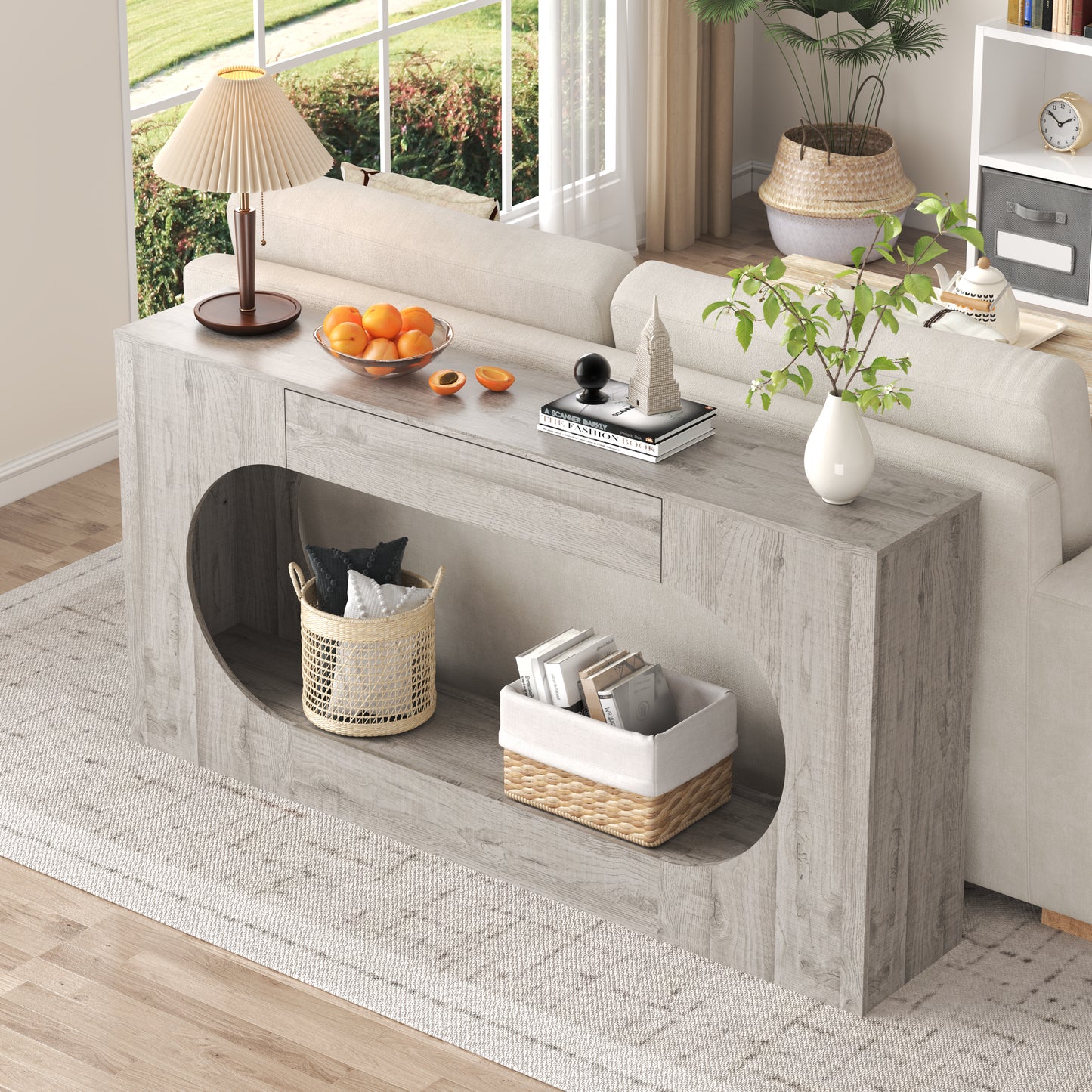 Grey Wood Grain Console Table with Storage Drawer - 63"