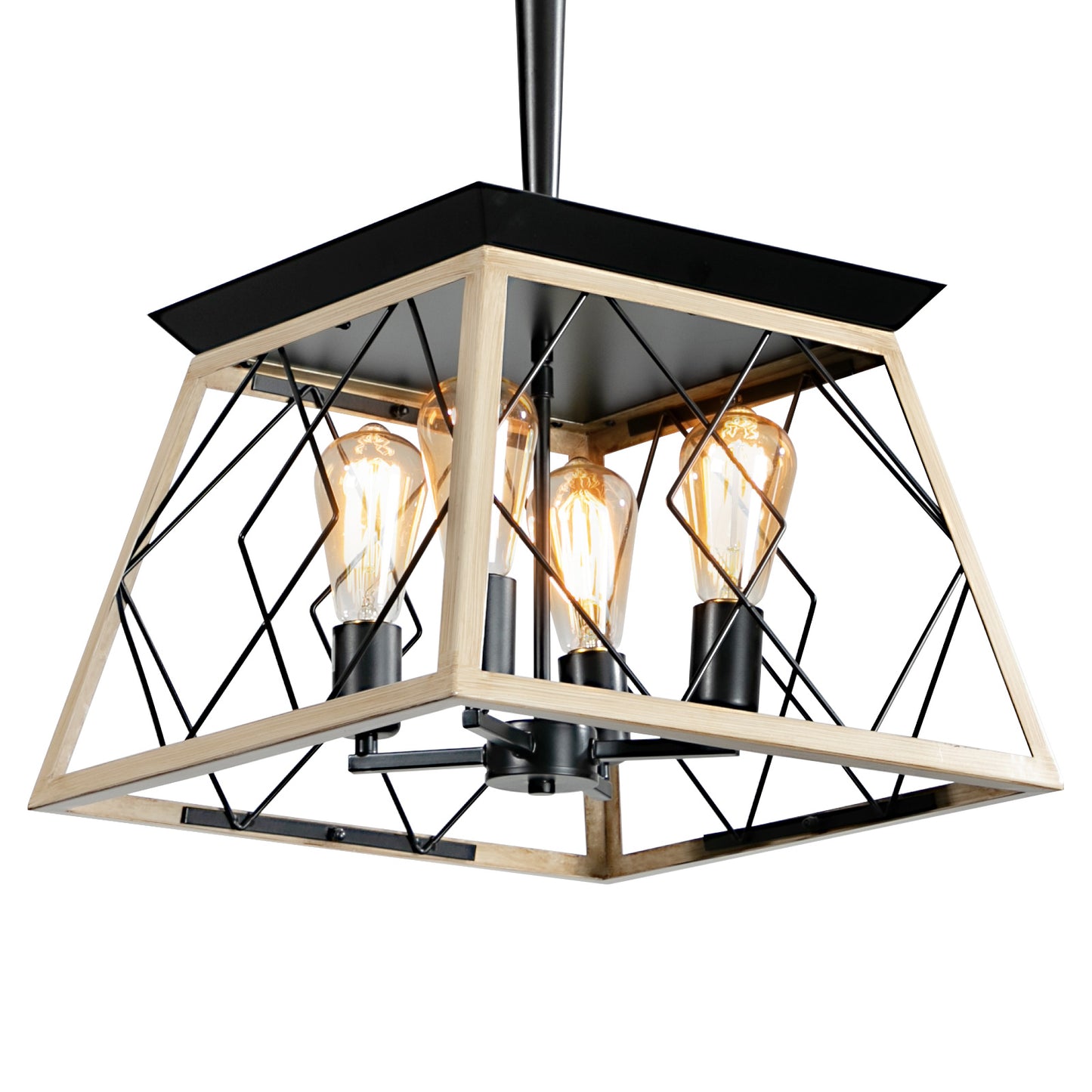 16-Inch Oak Industrial 4-Light Pendant Chandelier - Adjustable