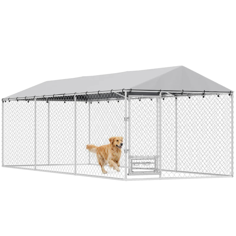Outdoor Dog Kennel with Lockable Door UV-Resistant Cover 20x7.5x6.5ft, Silver