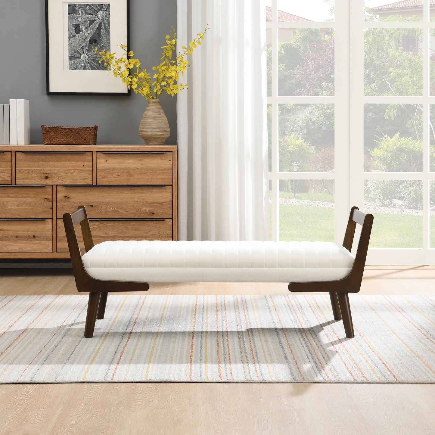 52 Mid Century Bench With Walnut Wood Leg,Channeled Upholstered