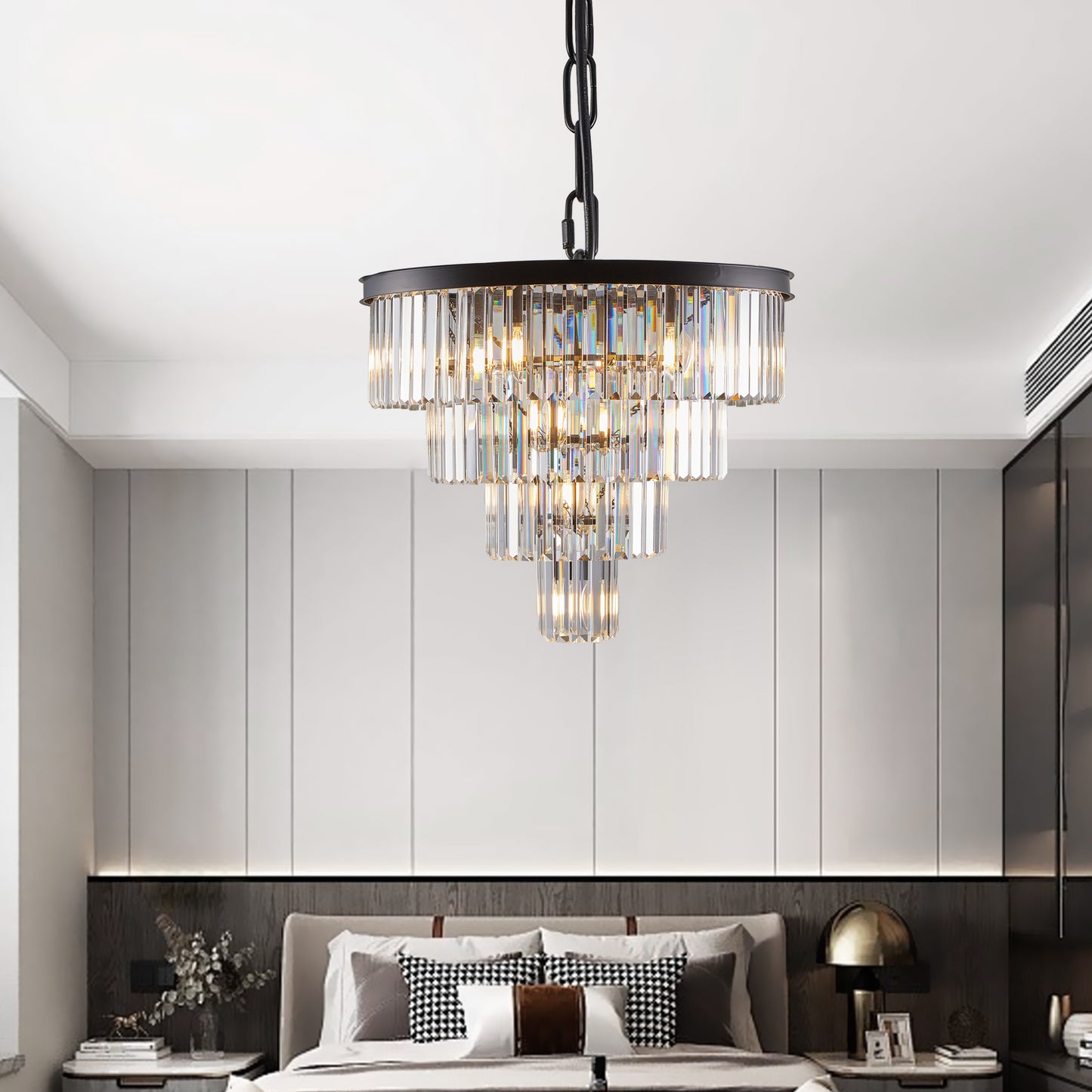 24-Inch Modern Crystal Chandelier Ceiling Light for Dining & Living Room - Black