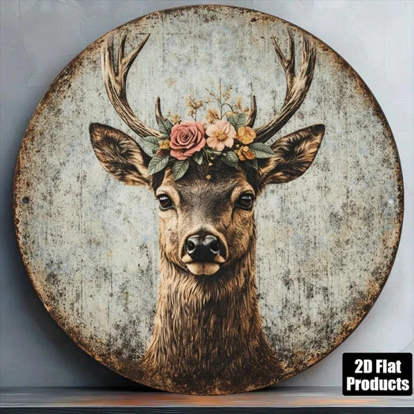 Vintage Deer Head Wreath Sign - 8x8 Inch Metal Plaque