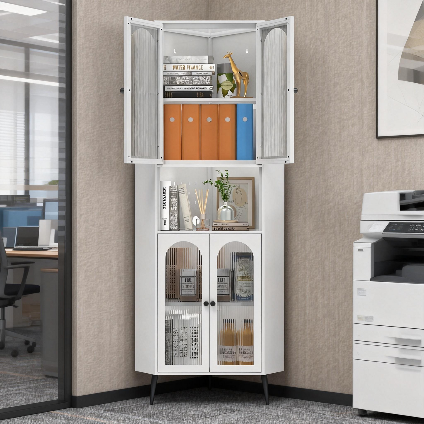 73'' White Metal Corner Storage Cabinet with Adjustable Shelves