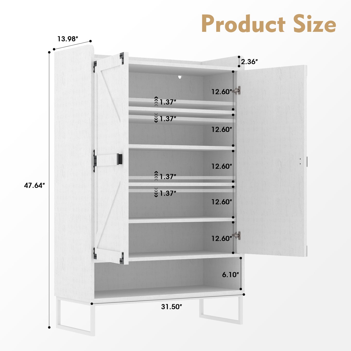 6-Tier Shoe Storage Cabinet with Doors - White Wooden Organizer