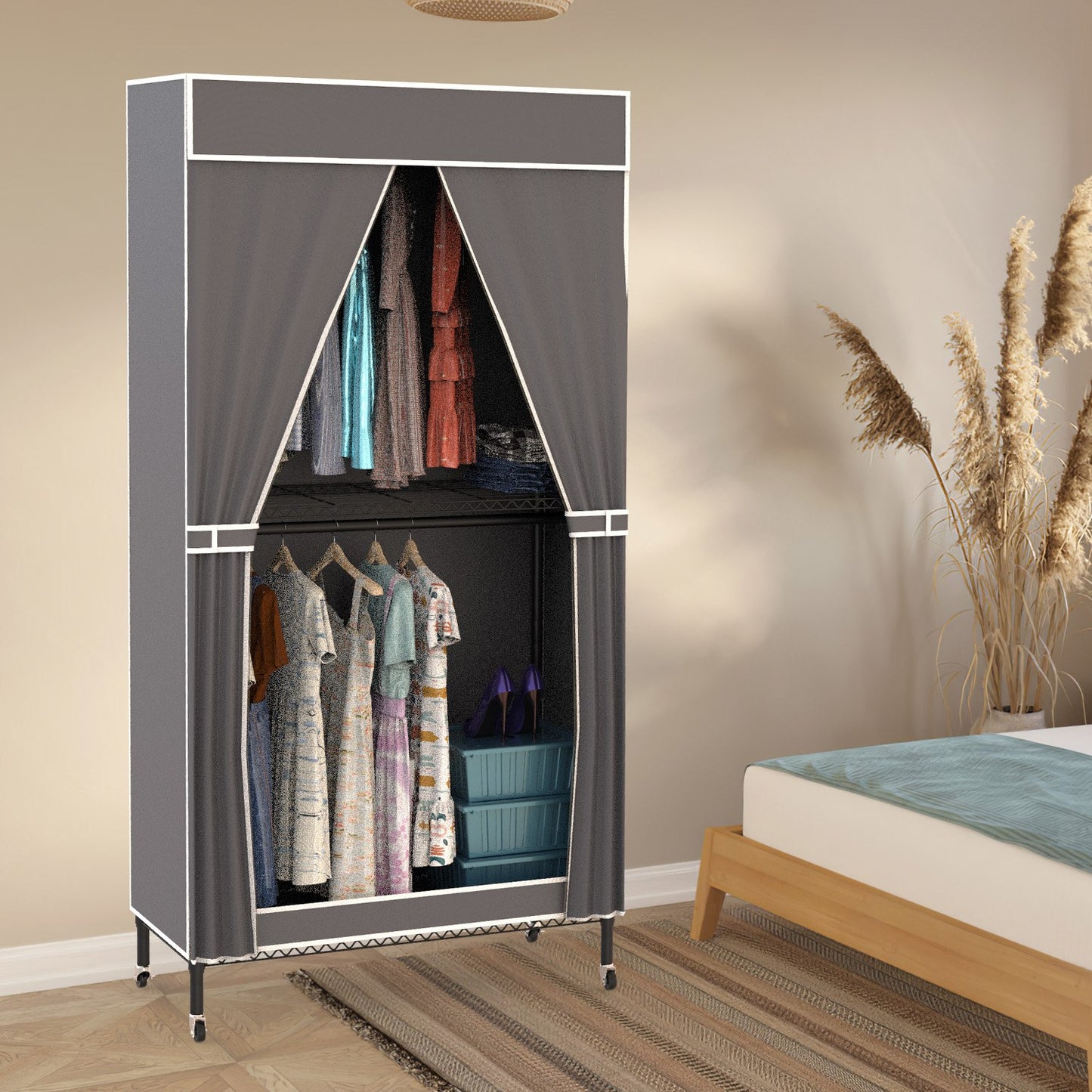 1Pc 2 Tier Foldable Clothing Rack With Cover Portable Wardrobe Closet