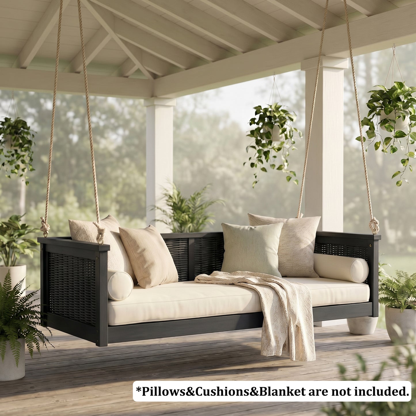 Outdoor Solid Wood Twin Size Swing Bed - Black Rattan Frame