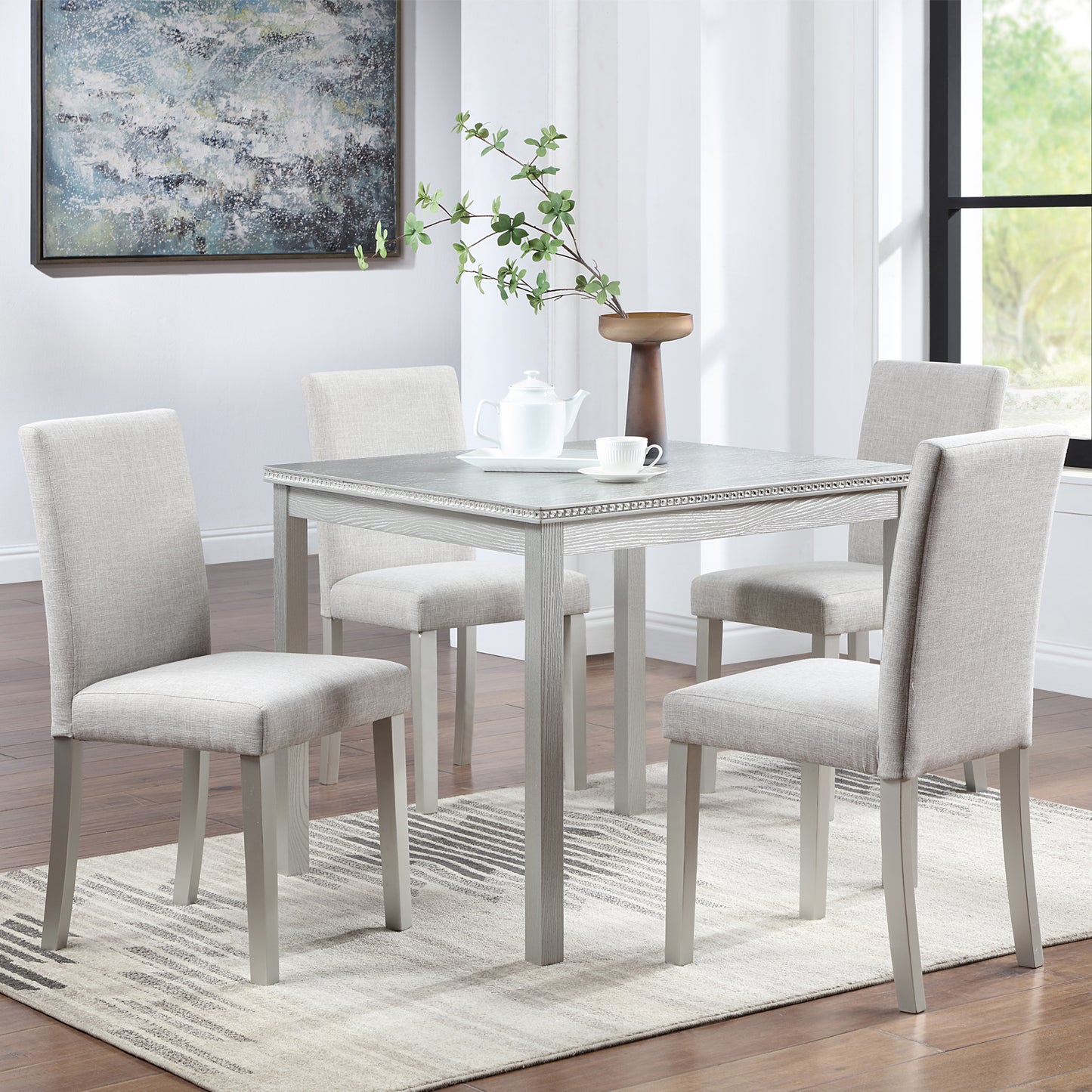 Square Dining Table for 4 - Solid Wood & MDF, Silver Grey