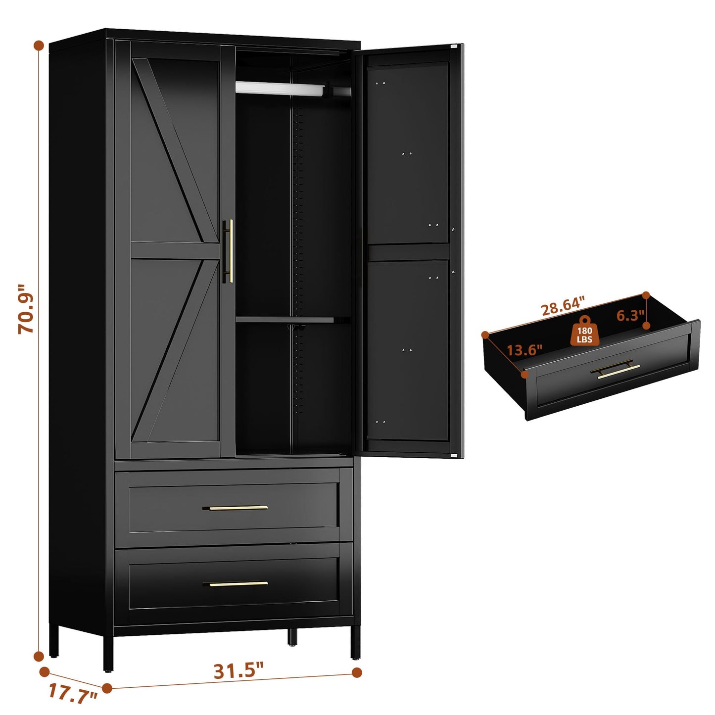 Metal Wardrobe Closet with Doors and 2 Drawers - Black