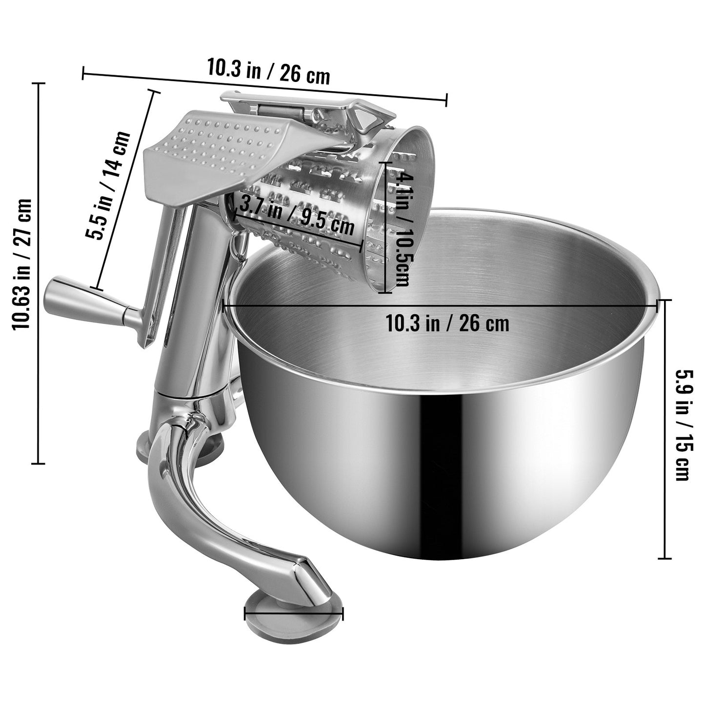 Manual Rotary Cheese & Vegetable Grater with 5 Stainless Steel Cones & Large Bowl