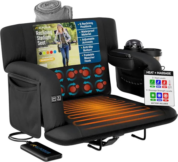 Heated Massage Reclining Stadium Seat with Back Support - Black