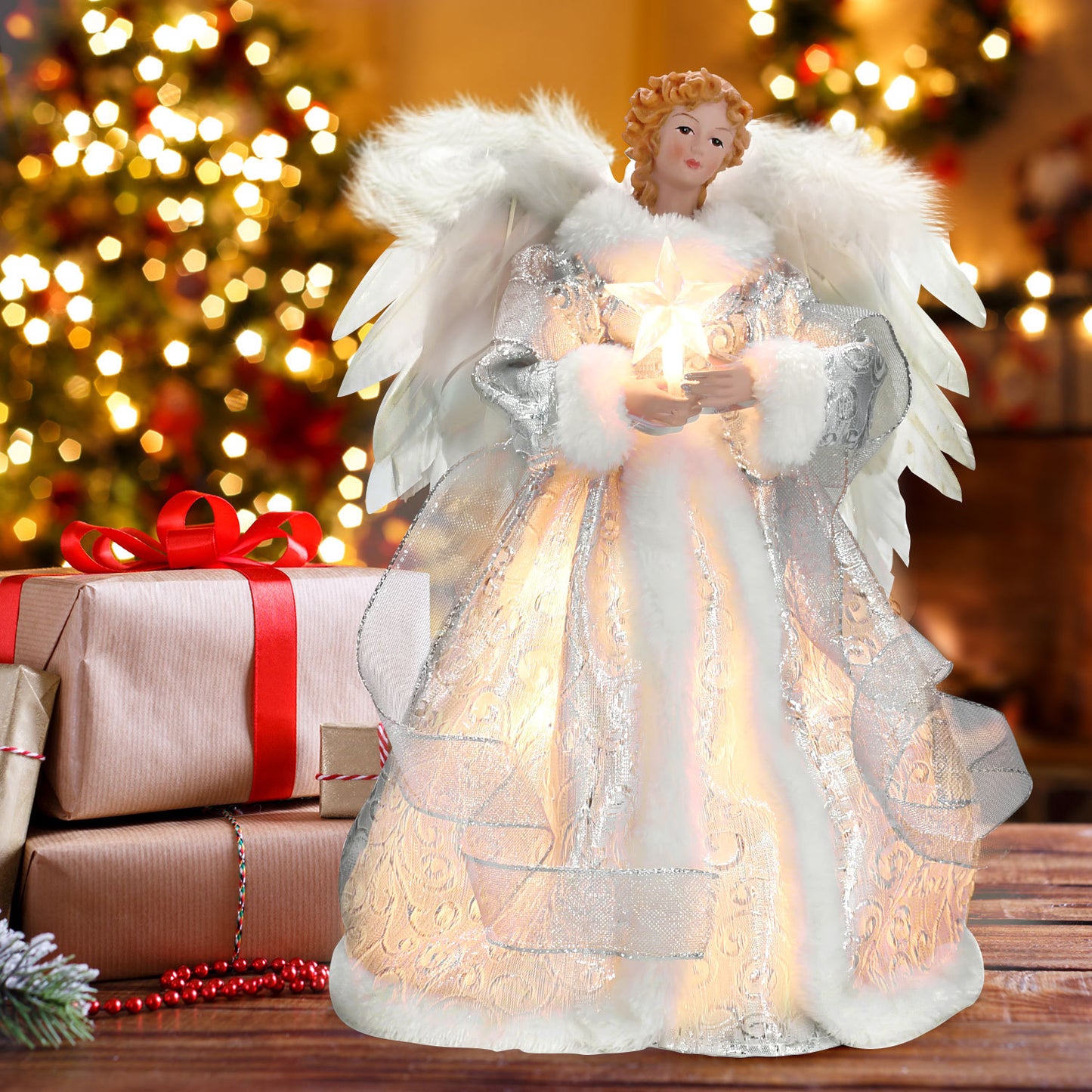 Christmas Tree Topper Angel Light Decoration - Silver & Gold Variants