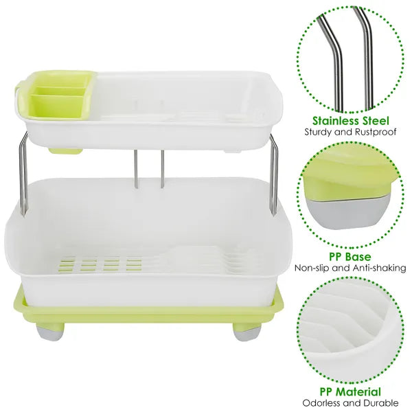 2-Tier Dish Drying Rack with Cutlery Holder - Green & White