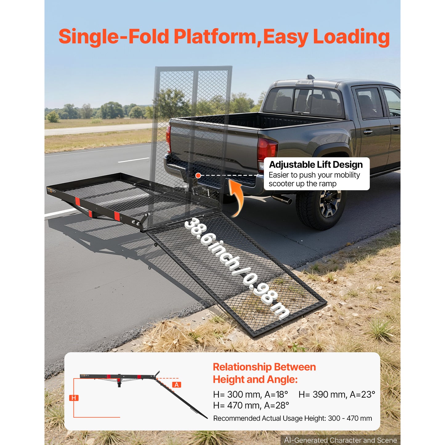 Adjustable Wheelchair Carrier with Folding Ramp 500LBS Cargo Basket for 2-Inch Hitch