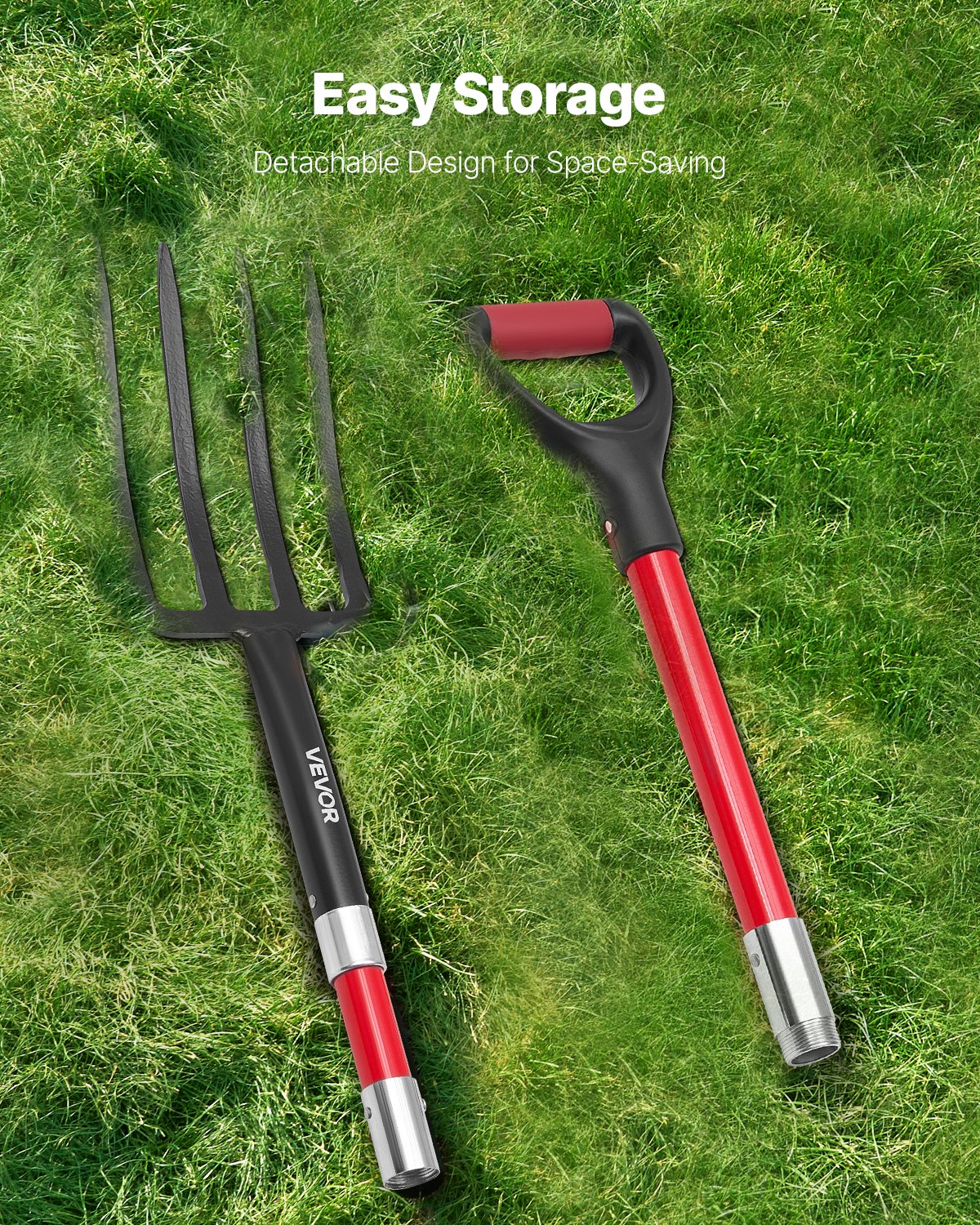 Heavy Duty Garden Fork with Fiberglass Handle 45 Inch Digging Spading Tool - Red