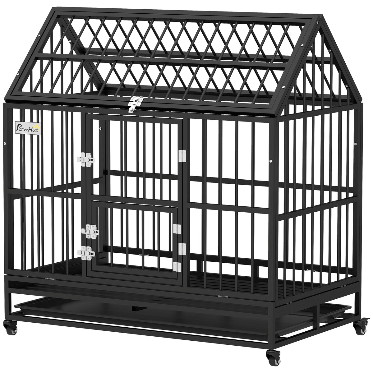 Heavy Duty Dog Crate with Lockable Wheels and Double Doors - XL, Black