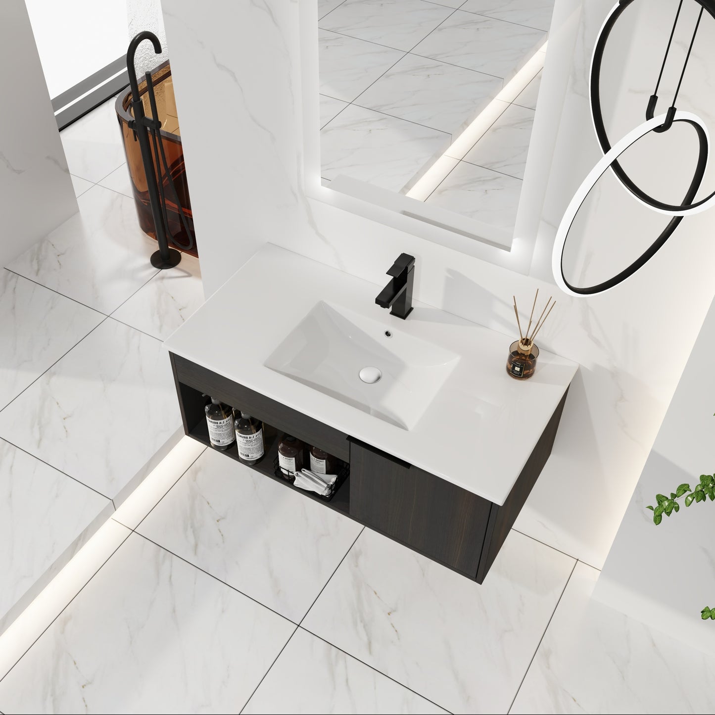 36" Wall-Mounted Bathroom Vanity with Ceramic Sink - Dark Oak